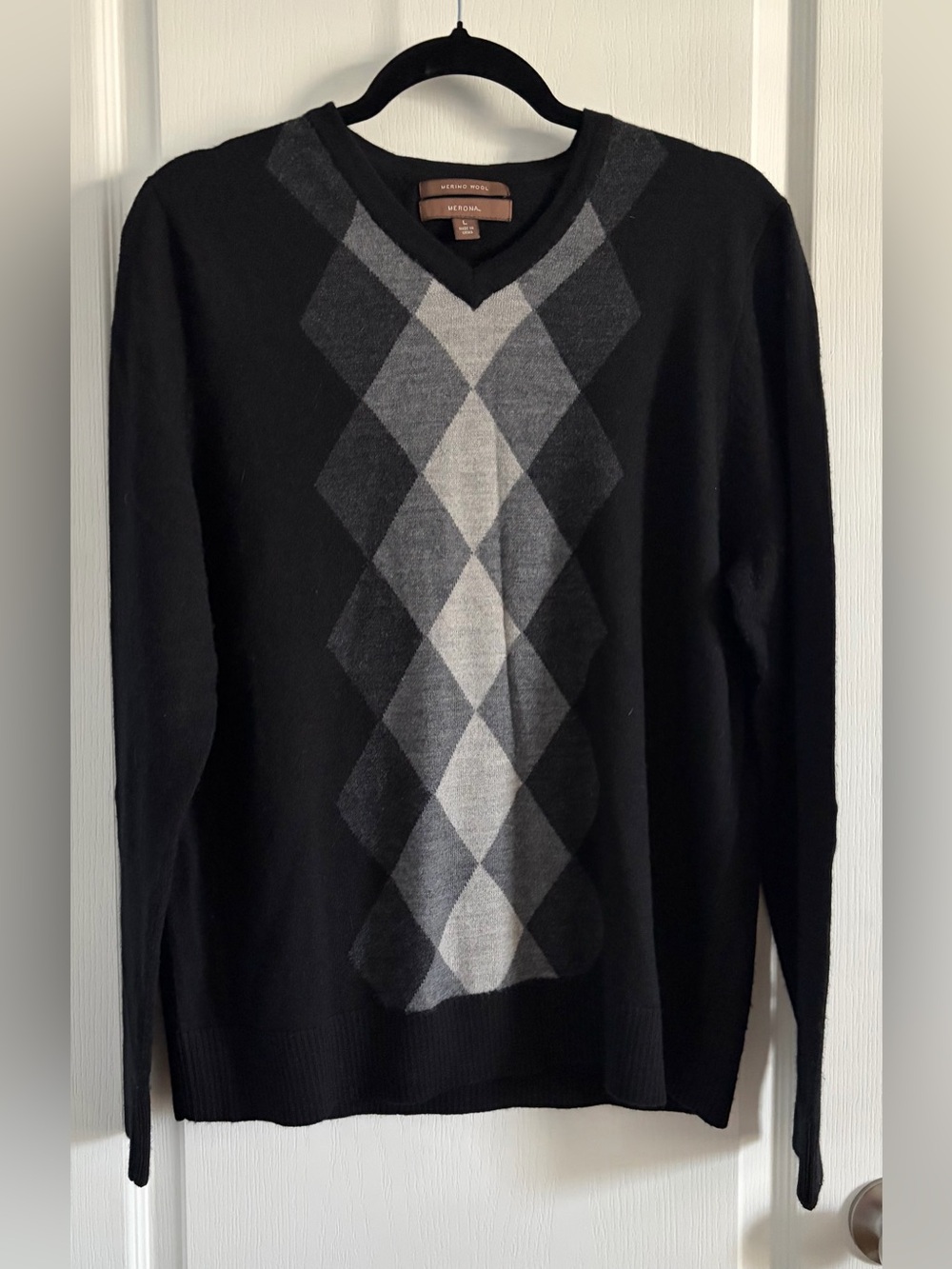 Men’s 100% Mirano Wool Merona Black V-Neck Sweater with Gray Argyle Panel
